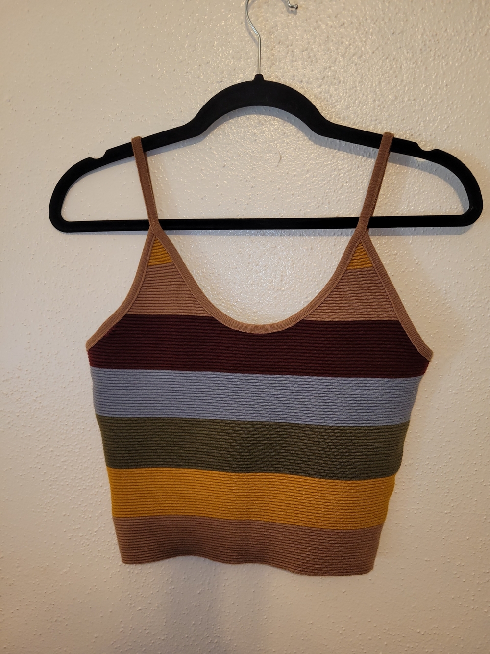 Striped Ribbed Cropped Knit Cami Tank Top in Brown, Mustard, Olive & Blue